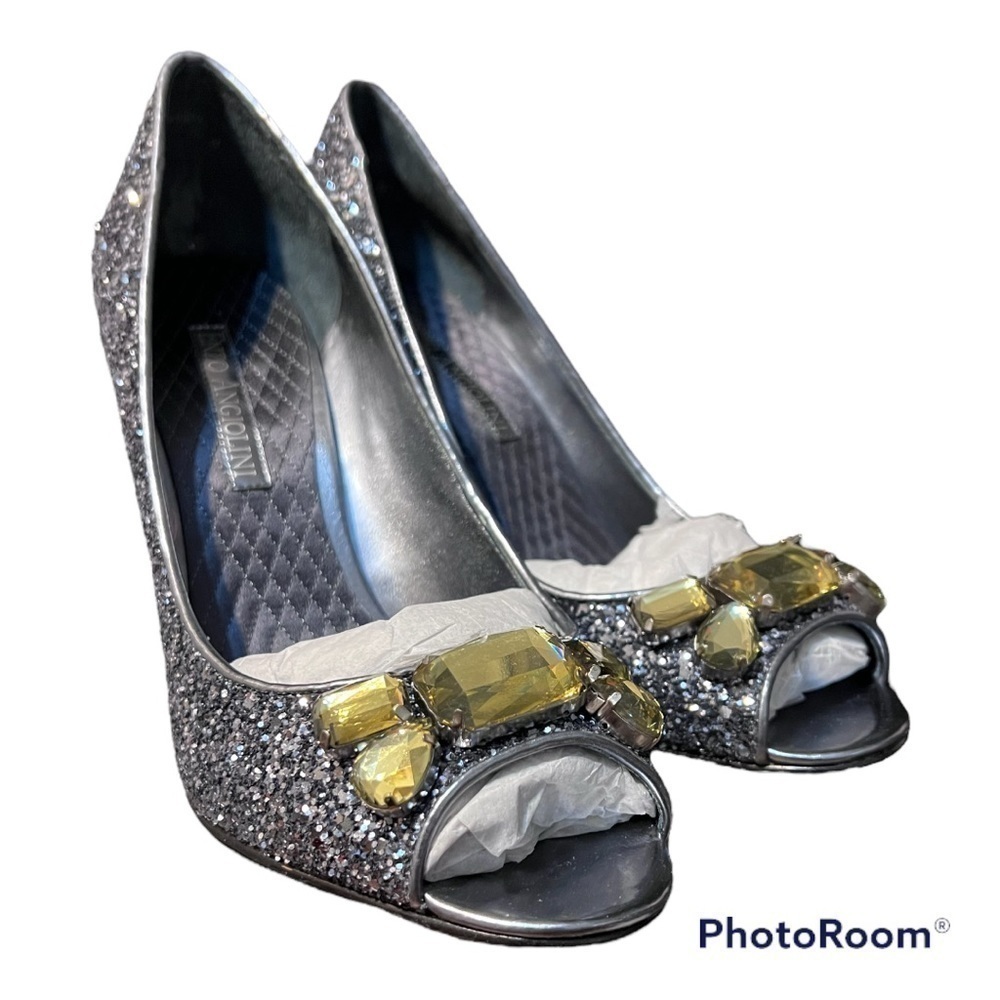 Enzo ANGIOLINI GREY GLITTER Peep Toe Pump EAMAIDEN PEWTR W Gold Stone Sz 8.5
